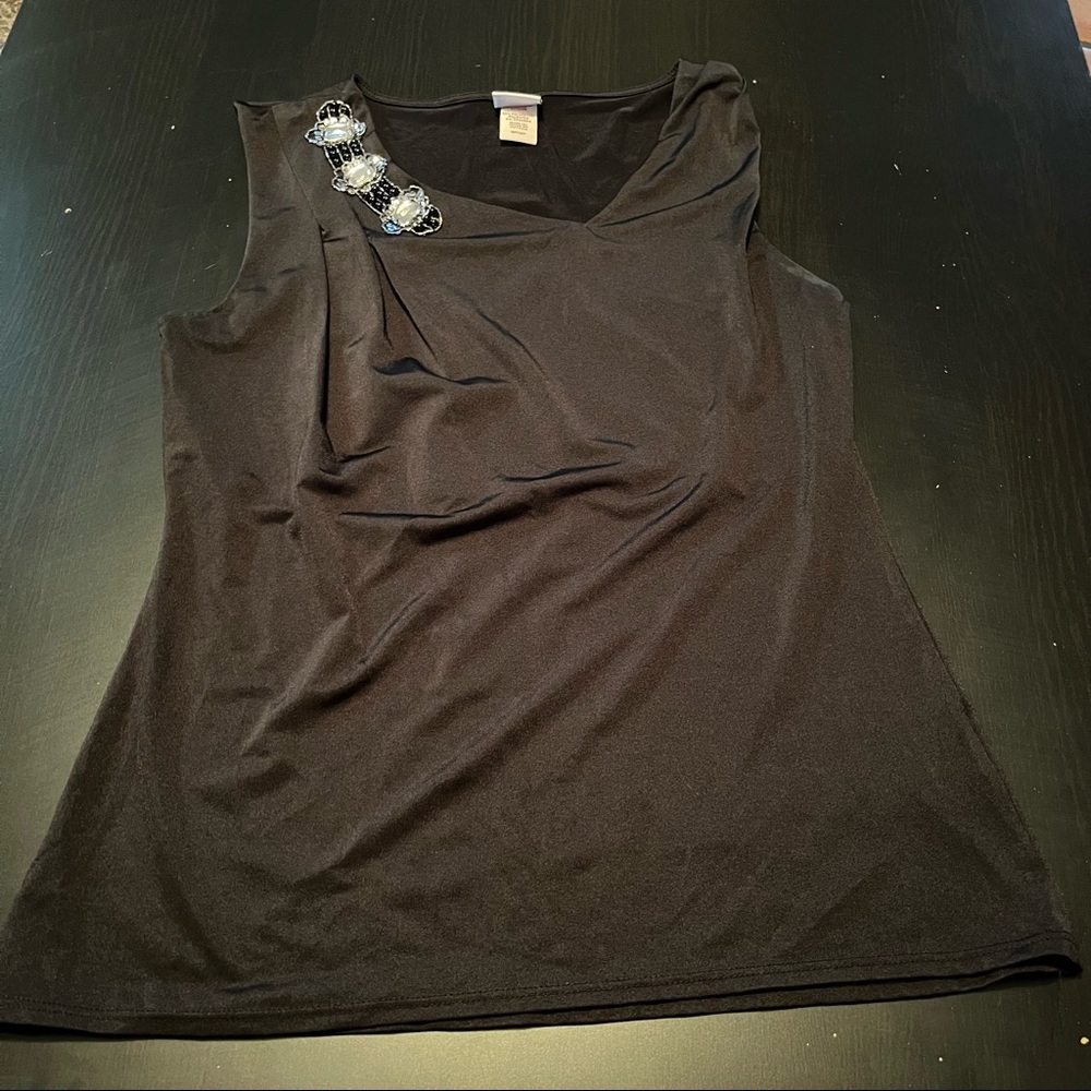 Black Covington polyester stretch tank top with beaded design on shoulder